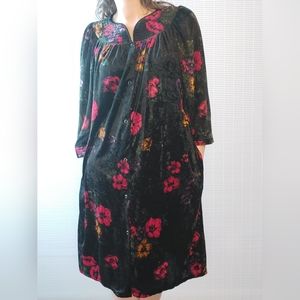 Vintage Crushed Velvet Mumu Housecoat Nightgown Lingerie Large Tropical Floral